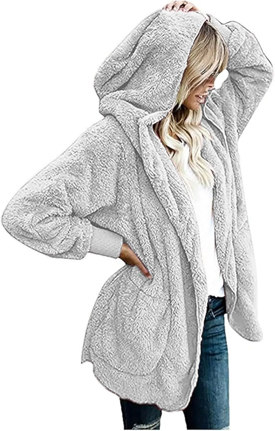 Fleece Jackets for Women Winter Coats with Hood Warm Oversized Fuzzy Jacket Long Cardigan Sweaters Soft Coat