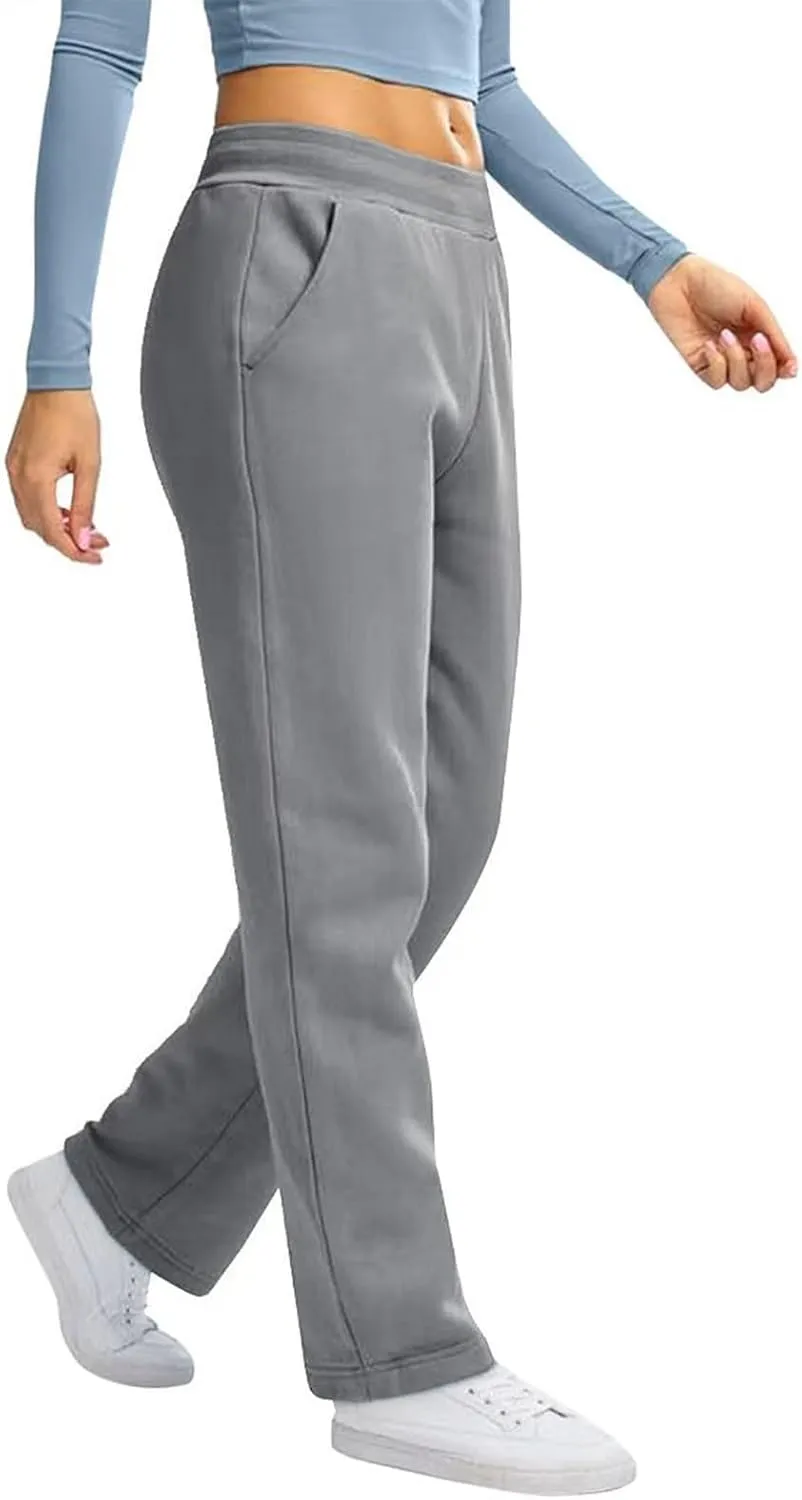 Fleece Sweatpants Women High Elastic Waist Wide Leg Sweatpants Warm Thick Sweatpants with Pockets Comfy Workout Pants