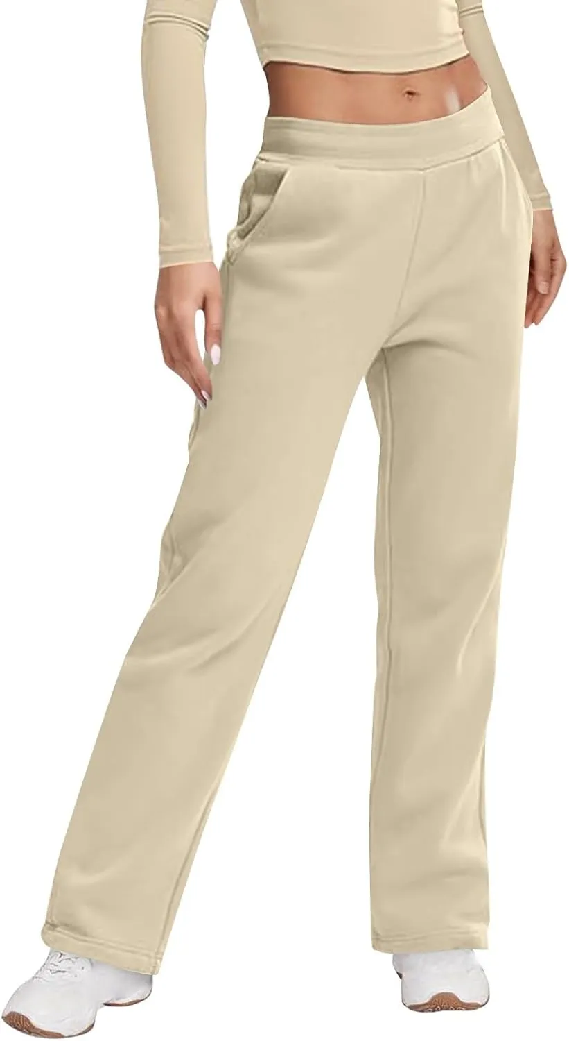 Fleece Sweatpants Women High Elastic Waist Wide Leg Sweatpants Warm Thick Sweatpants with Pockets Comfy Workout Pants