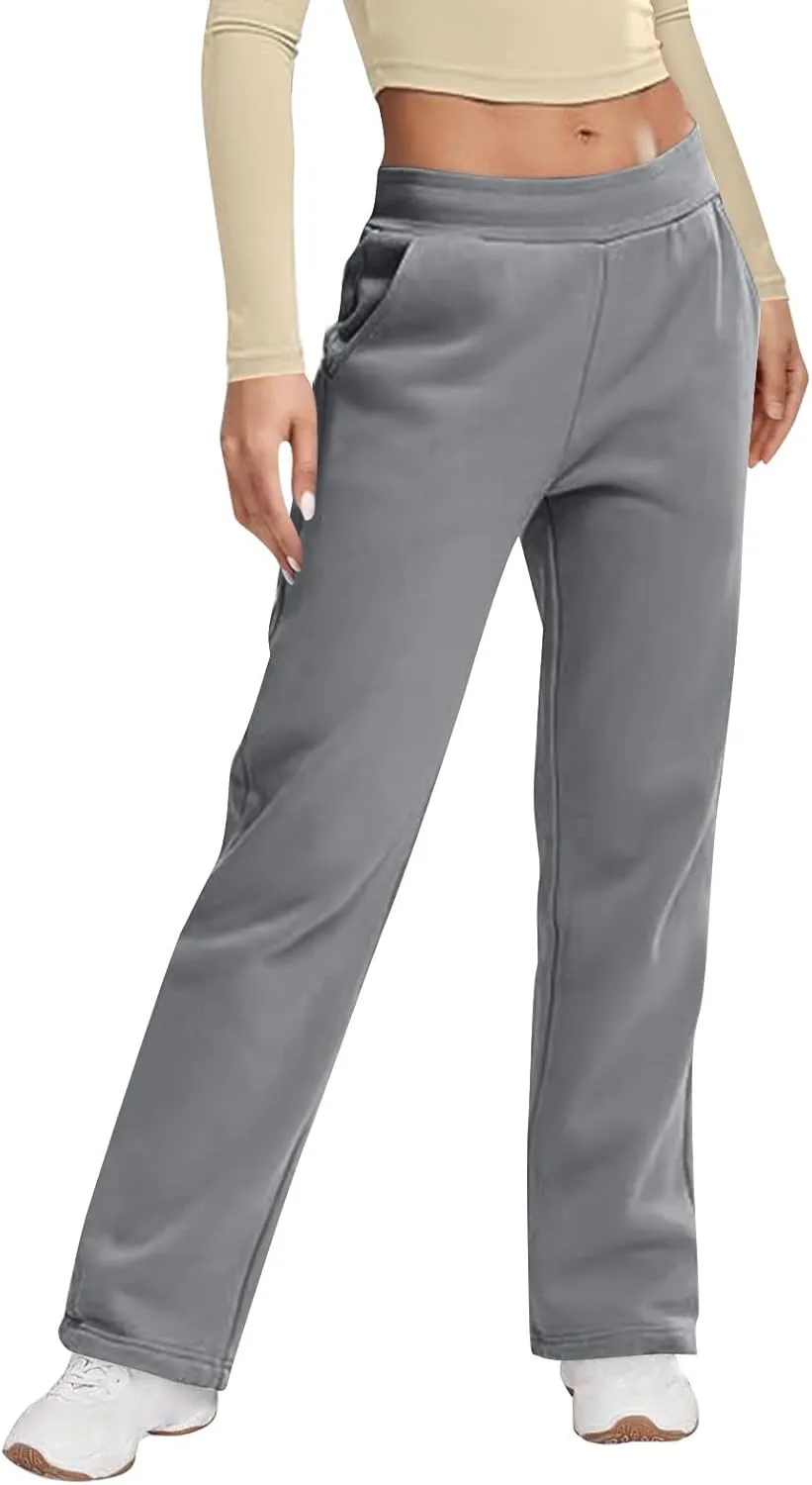 Fleece Sweatpants Women High Elastic Waist Wide Leg Sweatpants Warm Thick Sweatpants with Pockets Comfy Workout Pants