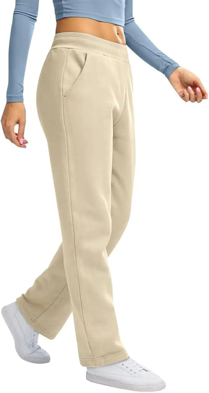 Fleece Sweatpants Women High Elastic Waist Wide Leg Sweatpants Warm Thick Sweatpants with Pockets Comfy Workout Pants
