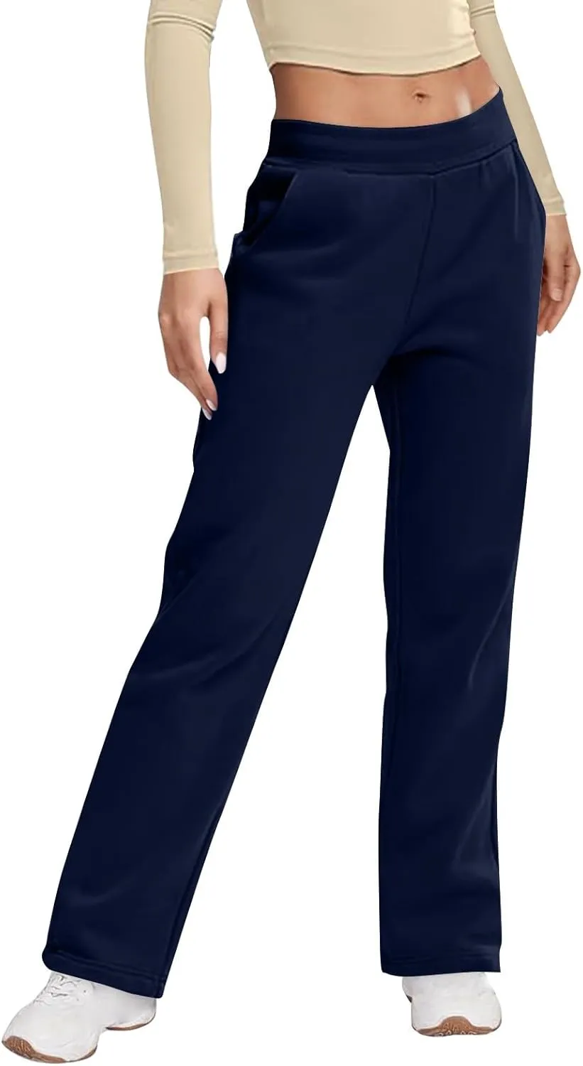 Fleece Sweatpants Women High Elastic Waist Wide Leg Sweatpants Warm Thick Sweatpants with Pockets Comfy Workout Pants