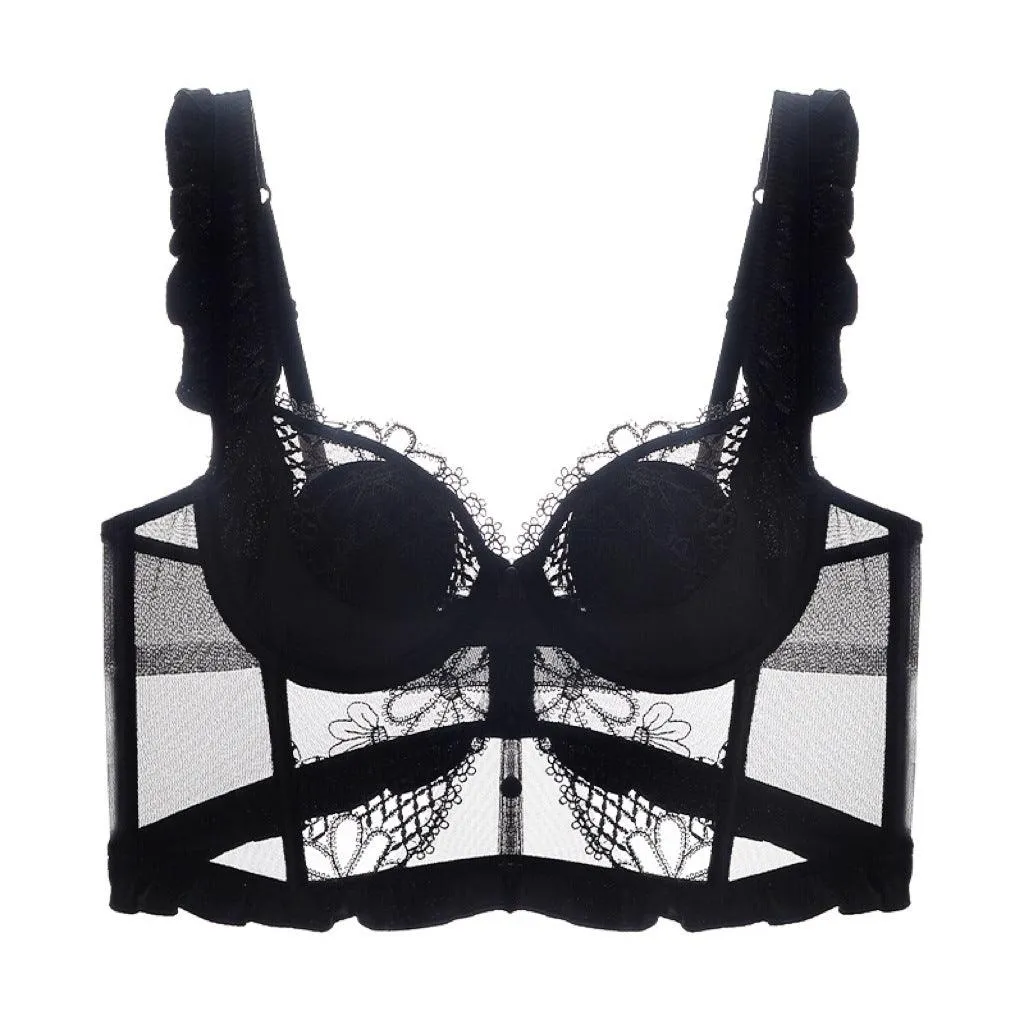 French Lace Ruffle Corset Bra with Lattice Trim