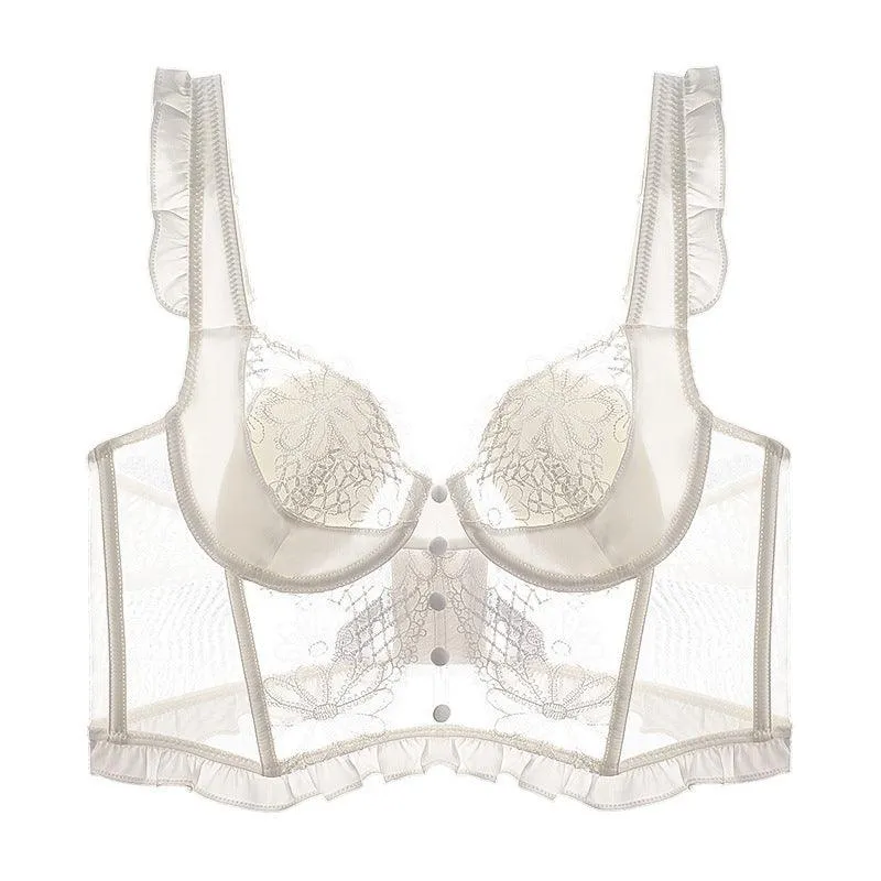French Lace Ruffle Corset Bra with Lattice Trim