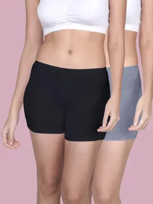 Full Coverage High Waist Long Panties with Gusseted Crotch and No Side Seams in Grey & Black Pack of 2