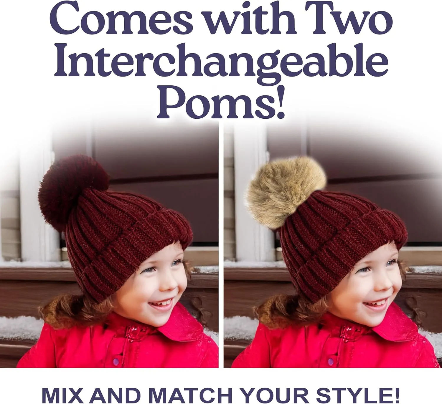 Funky Junque Toddler Winter Hat with Detachable Pom Poms, Warm Knitted Beanie Cap, Stretchy Fit for Girls and Boys Ages 1-6
