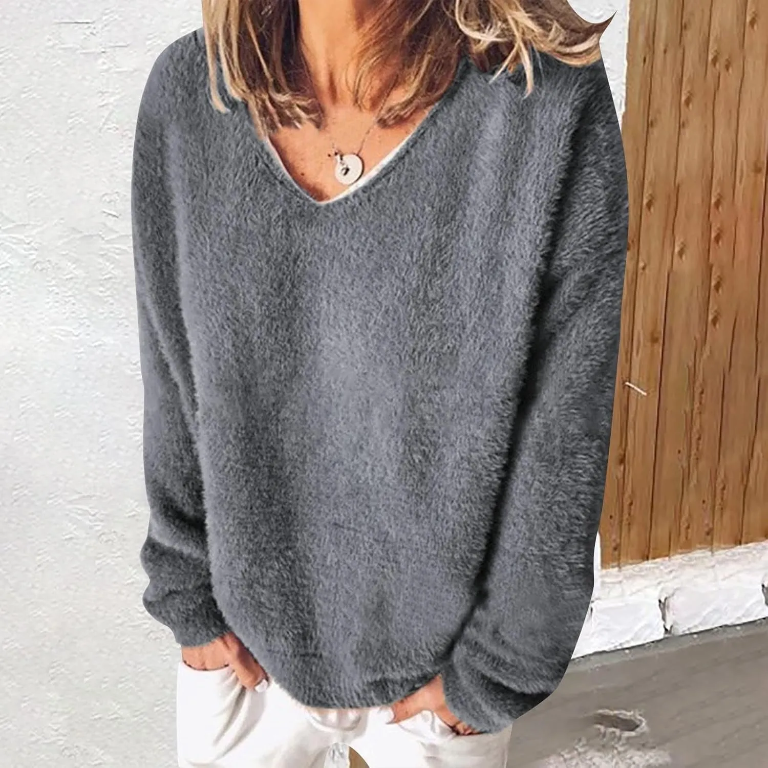 Fuzzy Knit Sweater V Neck Sweaters for Women Long Sleeve Pullover Plain Color Jumper Fall Sweaters for Women