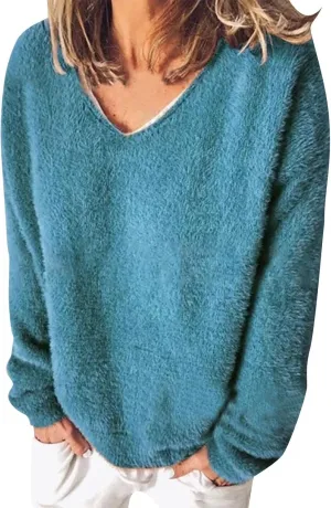 Fuzzy Knit Sweater V Neck Sweaters for Women Long Sleeve Pullover Plain Color Jumper Fall Sweaters for Women
