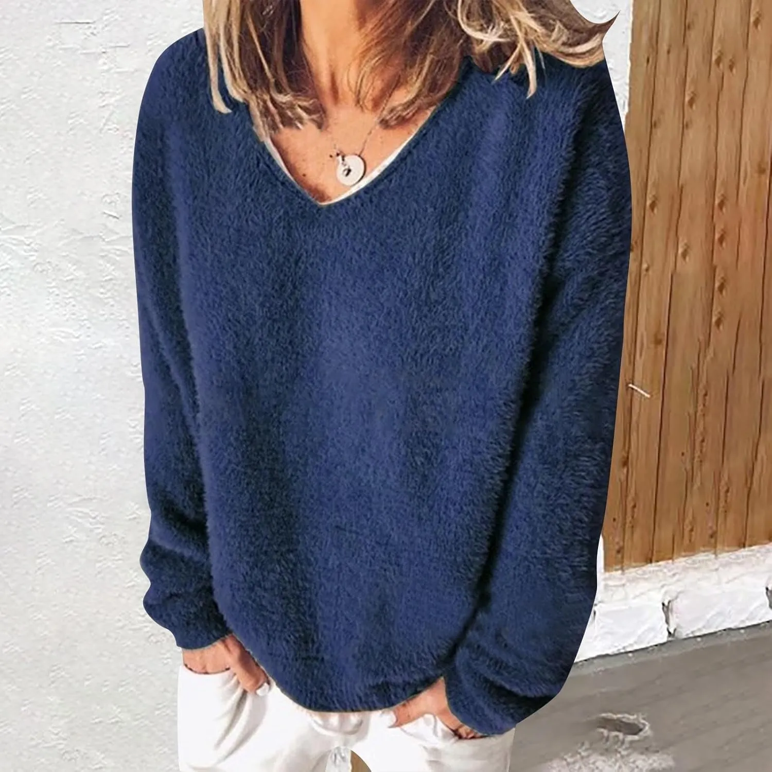Fuzzy Knit Sweater V Neck Sweaters for Women Long Sleeve Pullover Plain Color Jumper Fall Sweaters for Women