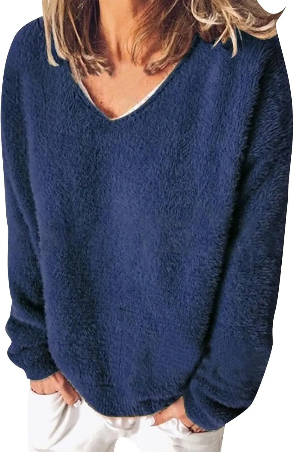 Fuzzy Knit Sweater V Neck Sweaters for Women Long Sleeve Pullover Plain Color Jumper Fall Sweaters for Women