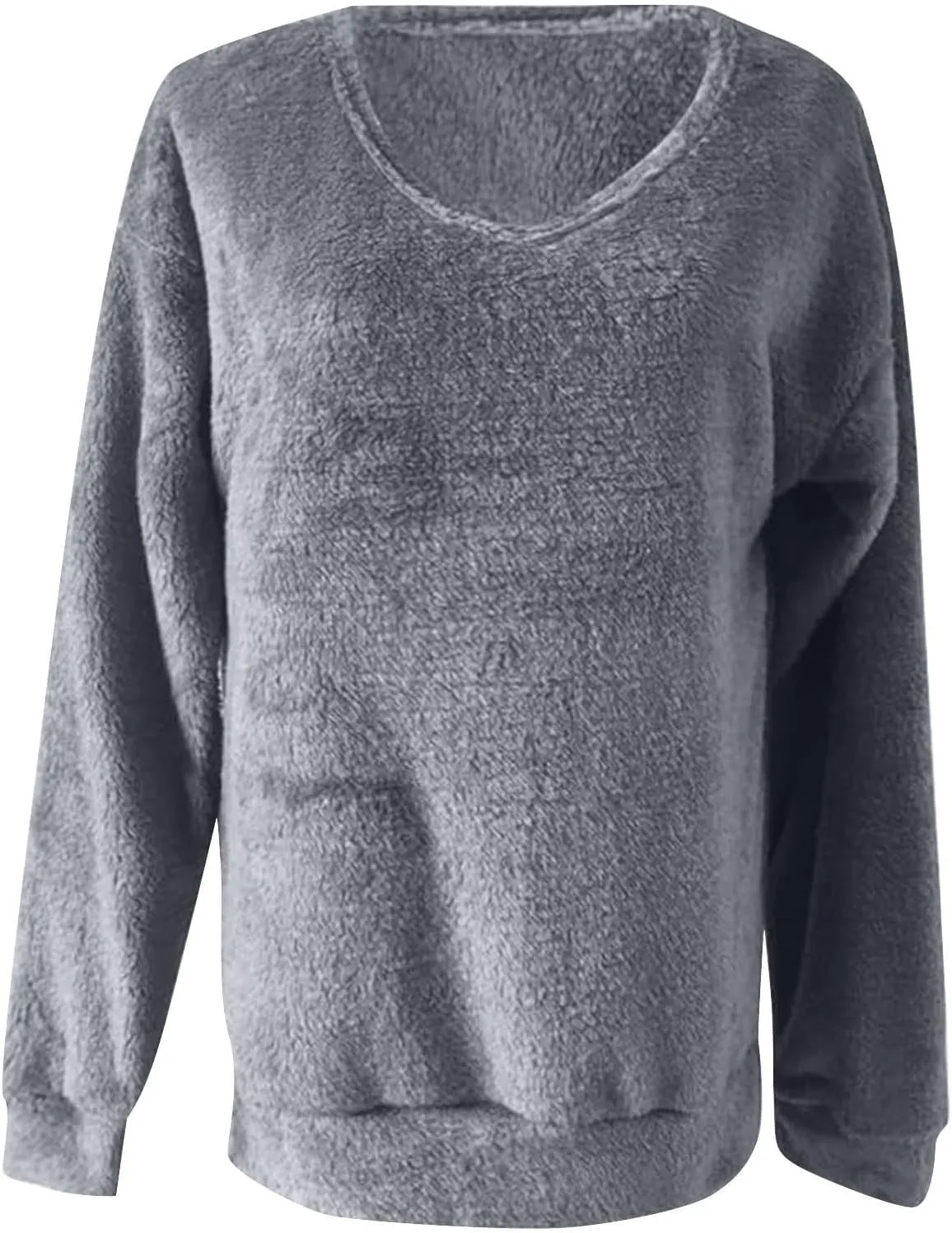 Fuzzy Knit Sweater V Neck Sweaters for Women Long Sleeve Pullover Plain Color Jumper Fall Sweaters for Women