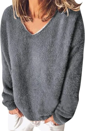 Fuzzy Knit Sweater V Neck Sweaters for Women Long Sleeve Pullover Plain Color Jumper Fall Sweaters for Women