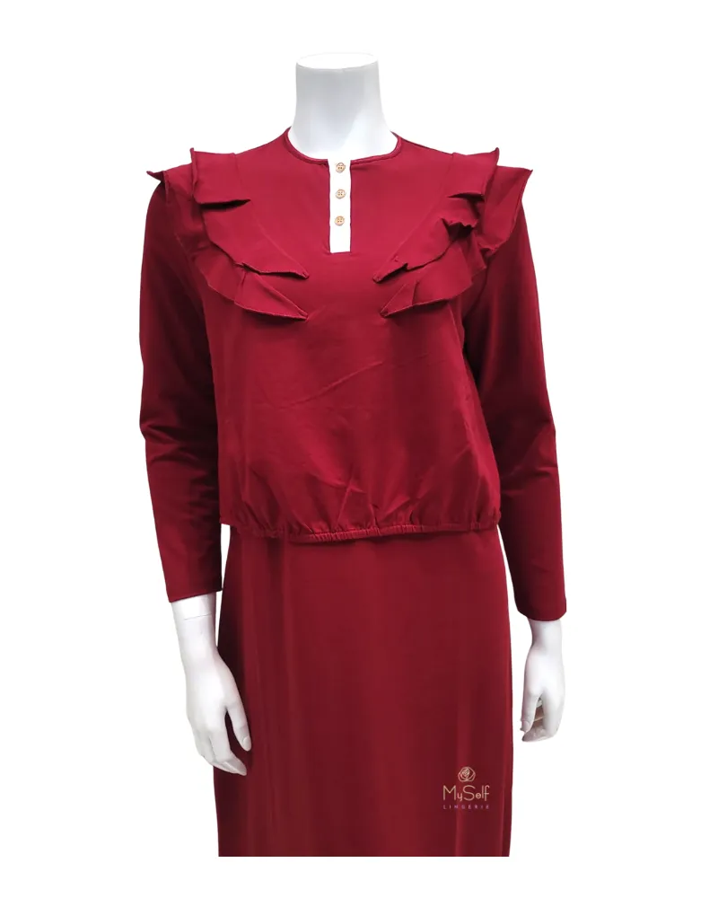 FW21N27B Burgundy V Ruffle Cotton Nursing Nightgown