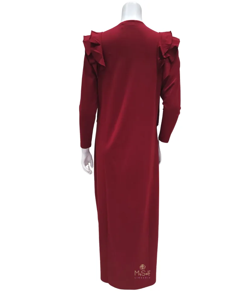 FW21N27B Burgundy V Ruffle Cotton Nursing Nightgown