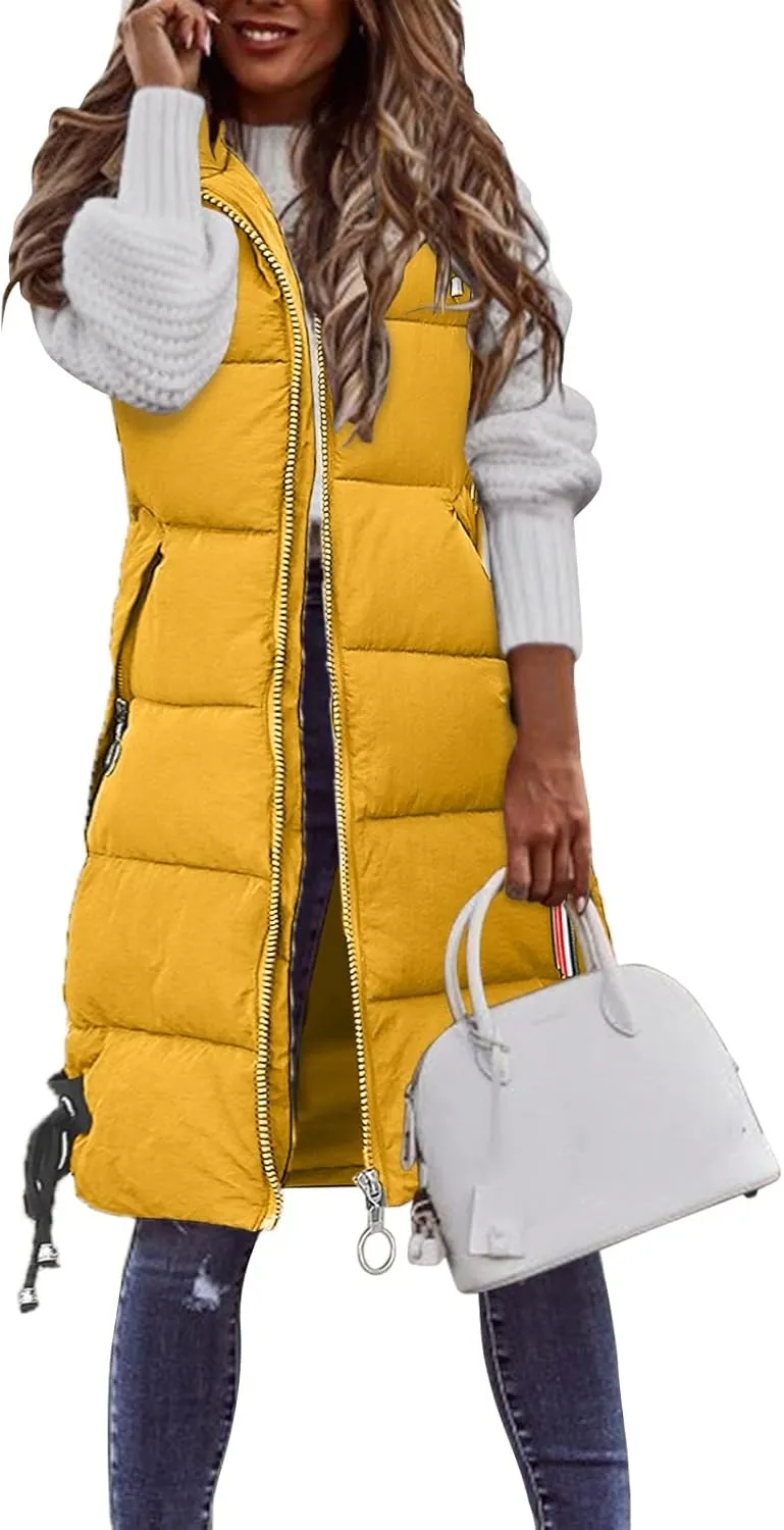 FZVYD Womens Quilted Long Puffer Jackets Hooded Warm Down Coat Winter Lightweight Trendy Slim Fit Outwear with Pockets