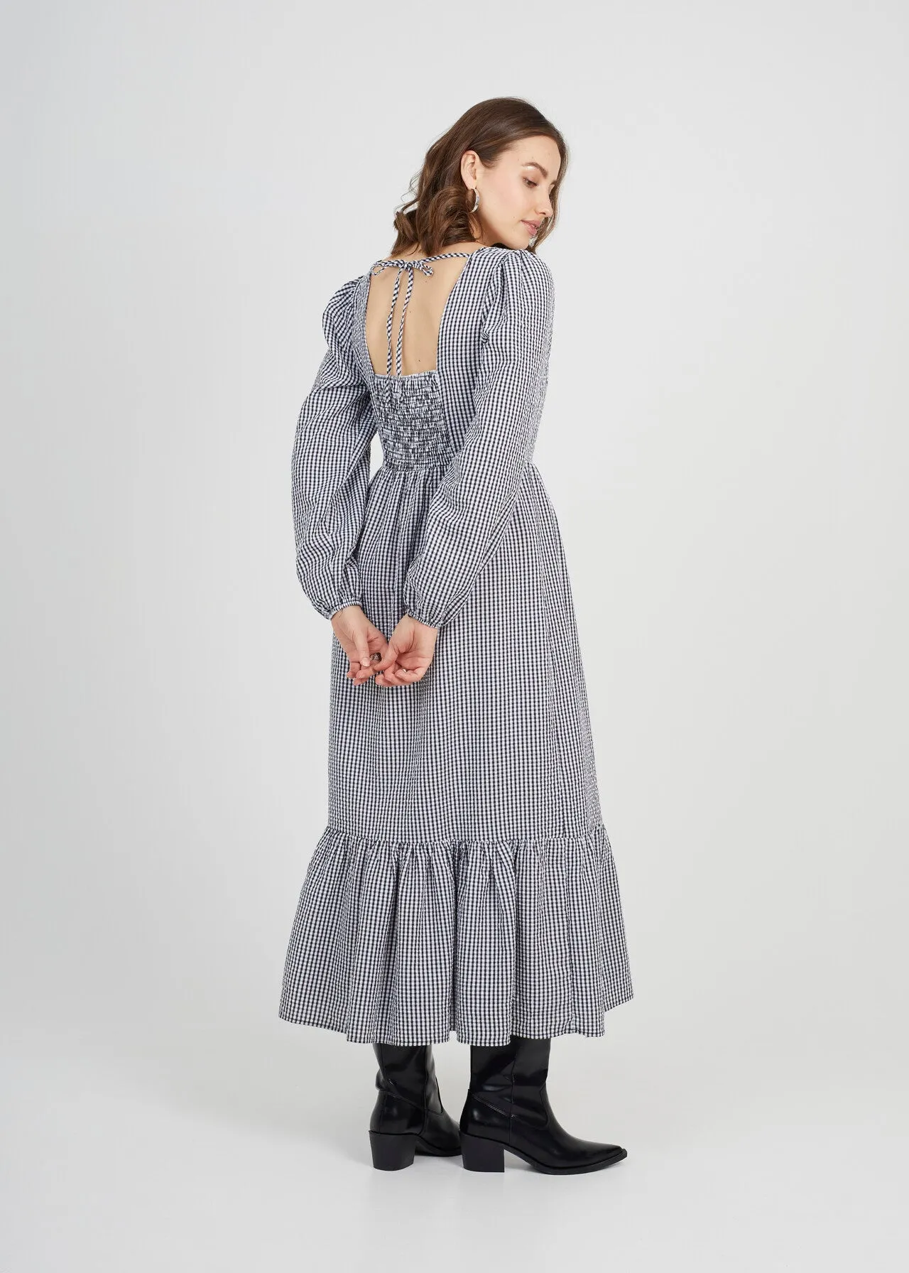 GINGHAM 3/4 PUFF SLEEVE TIERED DRESS