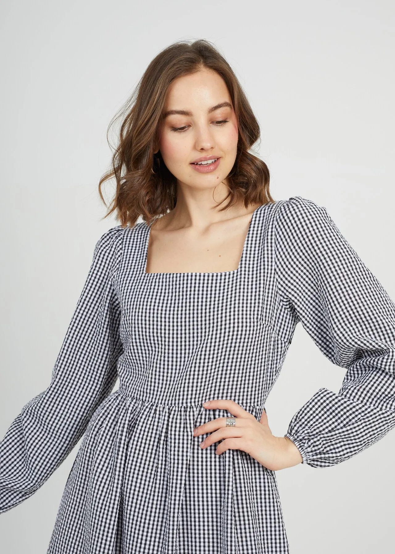 GINGHAM 3/4 PUFF SLEEVE TIERED DRESS