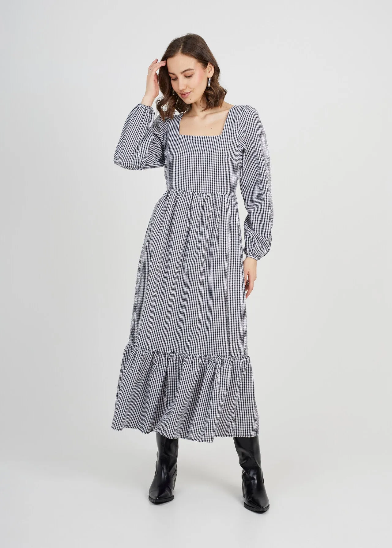 GINGHAM 3/4 PUFF SLEEVE TIERED DRESS