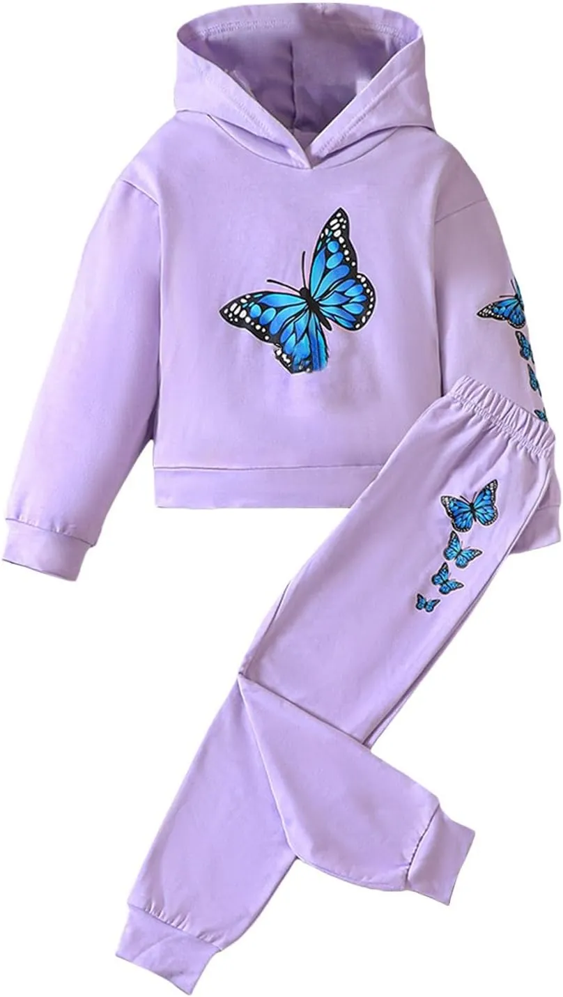 Girls Tracksuit Athletic Sweatsuits Butterfly Print Hoodies Cropped Sweatshirts and Jogger Sweatpants Clothing Sets
