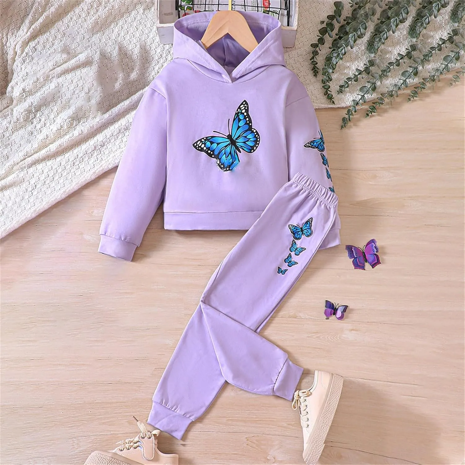Girls Tracksuit Athletic Sweatsuits Butterfly Print Hoodies Cropped Sweatshirts and Jogger Sweatpants Clothing Sets