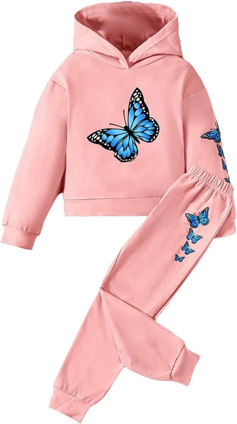 Girls Tracksuit Athletic Sweatsuits Butterfly Print Hoodies Cropped Sweatshirts and Jogger Sweatpants Clothing Sets