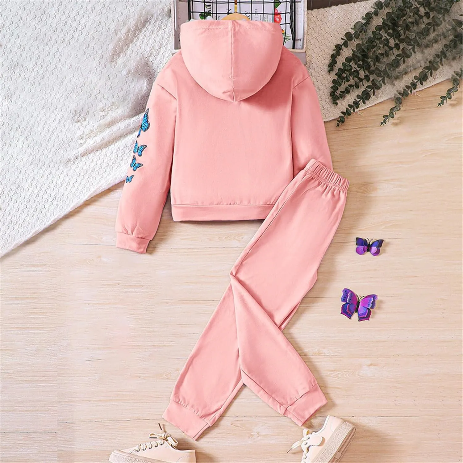 Girls Tracksuit Athletic Sweatsuits Butterfly Print Hoodies Cropped Sweatshirts and Jogger Sweatpants Clothing Sets