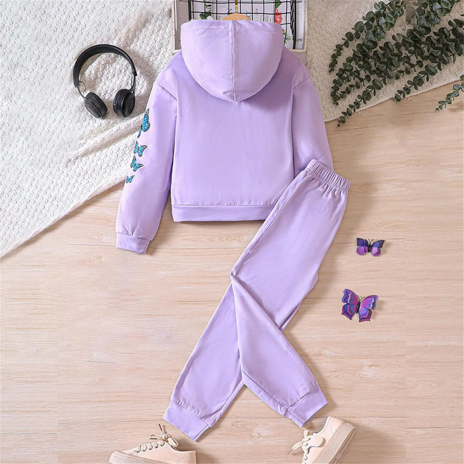 Girls Tracksuit Athletic Sweatsuits Butterfly Print Hoodies Cropped Sweatshirts and Jogger Sweatpants Clothing Sets