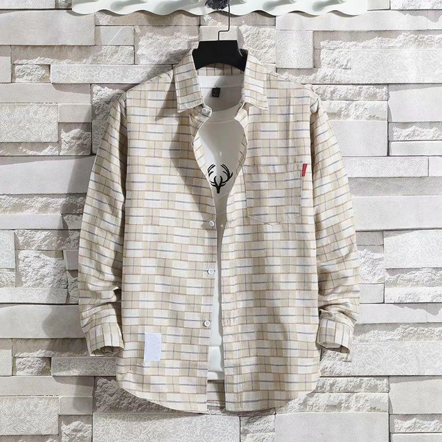 GOFULY Men's T-Shirts Button Up Long Sleeve Casual Shirts Checked Western Shirt Big and Tall Fall Jacket with Pockets