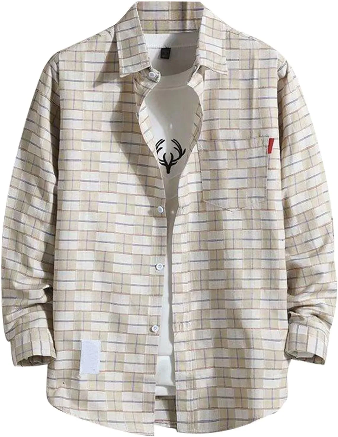 GOFULY Men's T-Shirts Button Up Long Sleeve Casual Shirts Checked Western Shirt Big and Tall Fall Jacket with Pockets