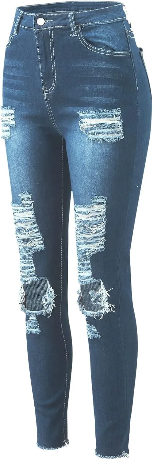 GOKKILRW Womens Ripped Boyfriend Skinny Jeans High Waisted Distressed Destroyed Raw Hem Cuffed Denim Pants Plus Size