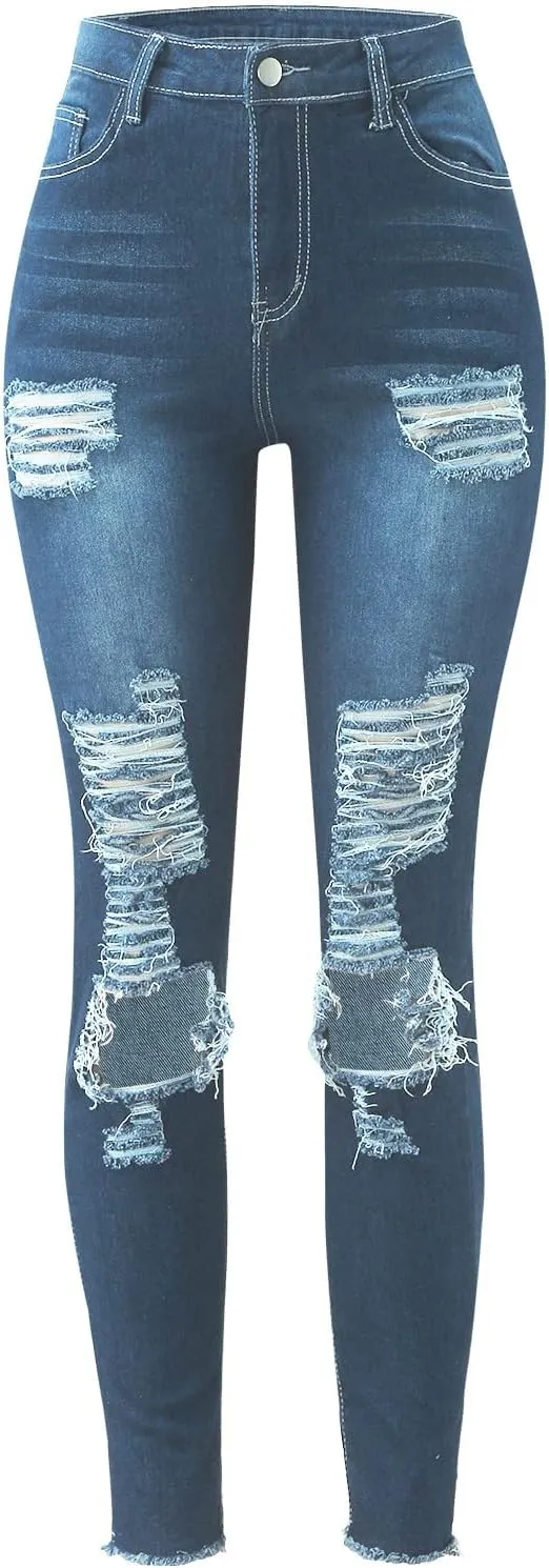 GOKKILRW Womens Ripped Boyfriend Skinny Jeans High Waisted Distressed Destroyed Raw Hem Cuffed Denim Pants Plus Size