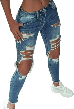 GOKKILRW Womens Ripped Boyfriend Skinny Jeans High Waisted Distressed Destroyed Raw Hem Cuffed Denim Pants Plus Size