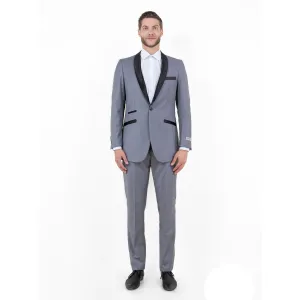 Gray / Black Solid with Black Shawl Collar Trim 2-PC Slim Fit Suits