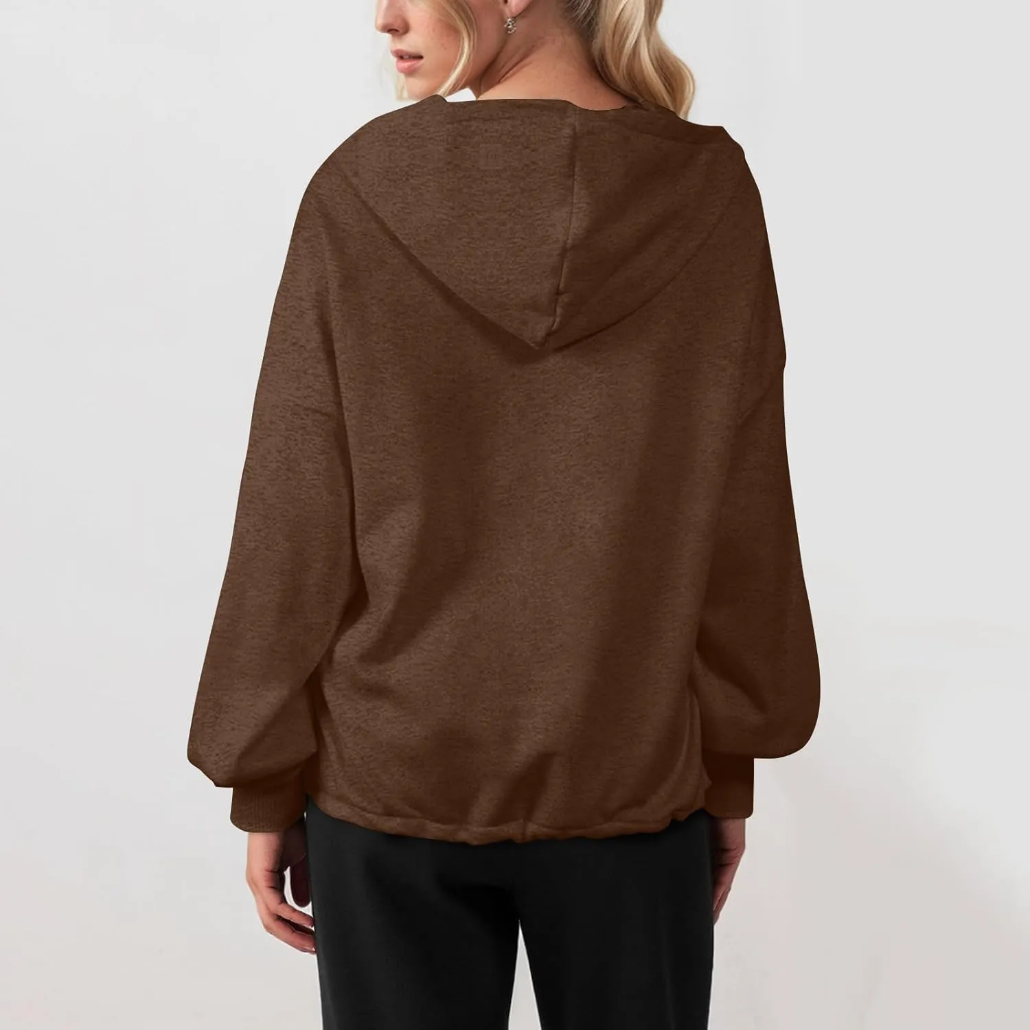 Half Zip Pullover Women Oversized Drawstring Hem Drop Shoulder Cropped Sweatshirt Loose Low Cut Long Sleeve Shirt
