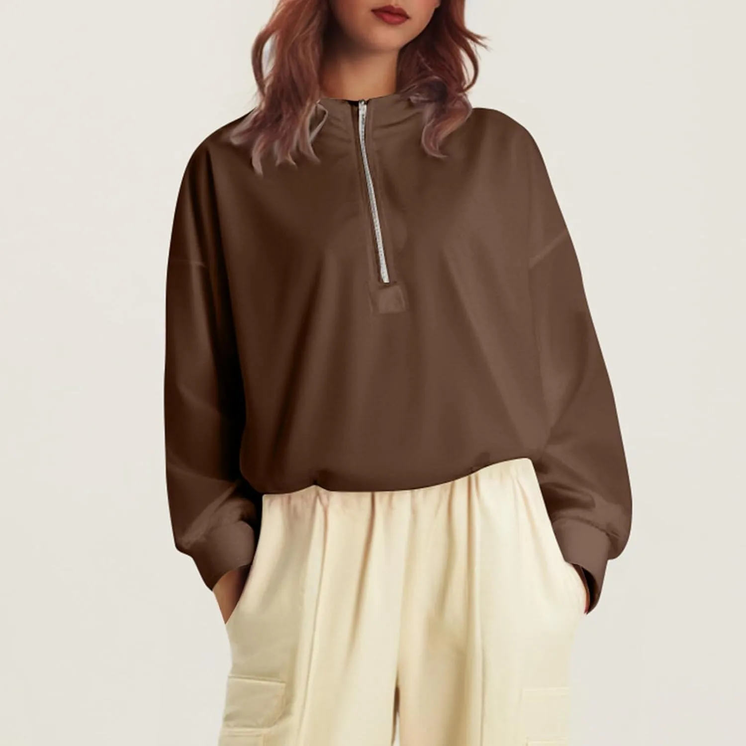 Half Zip Pullover Women Oversized Drawstring Hem Drop Shoulder Cropped Sweatshirt Loose Low Cut Long Sleeve Shirt