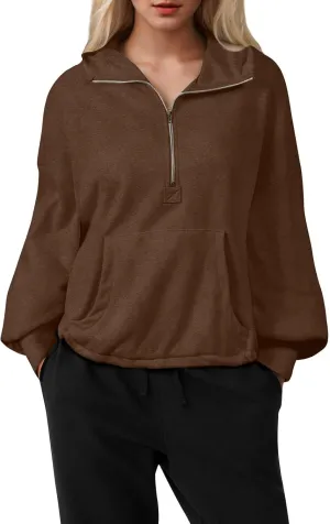 Half Zip Pullover Women Oversized Drawstring Hem Drop Shoulder Cropped Sweatshirt Loose Low Cut Long Sleeve Shirt
