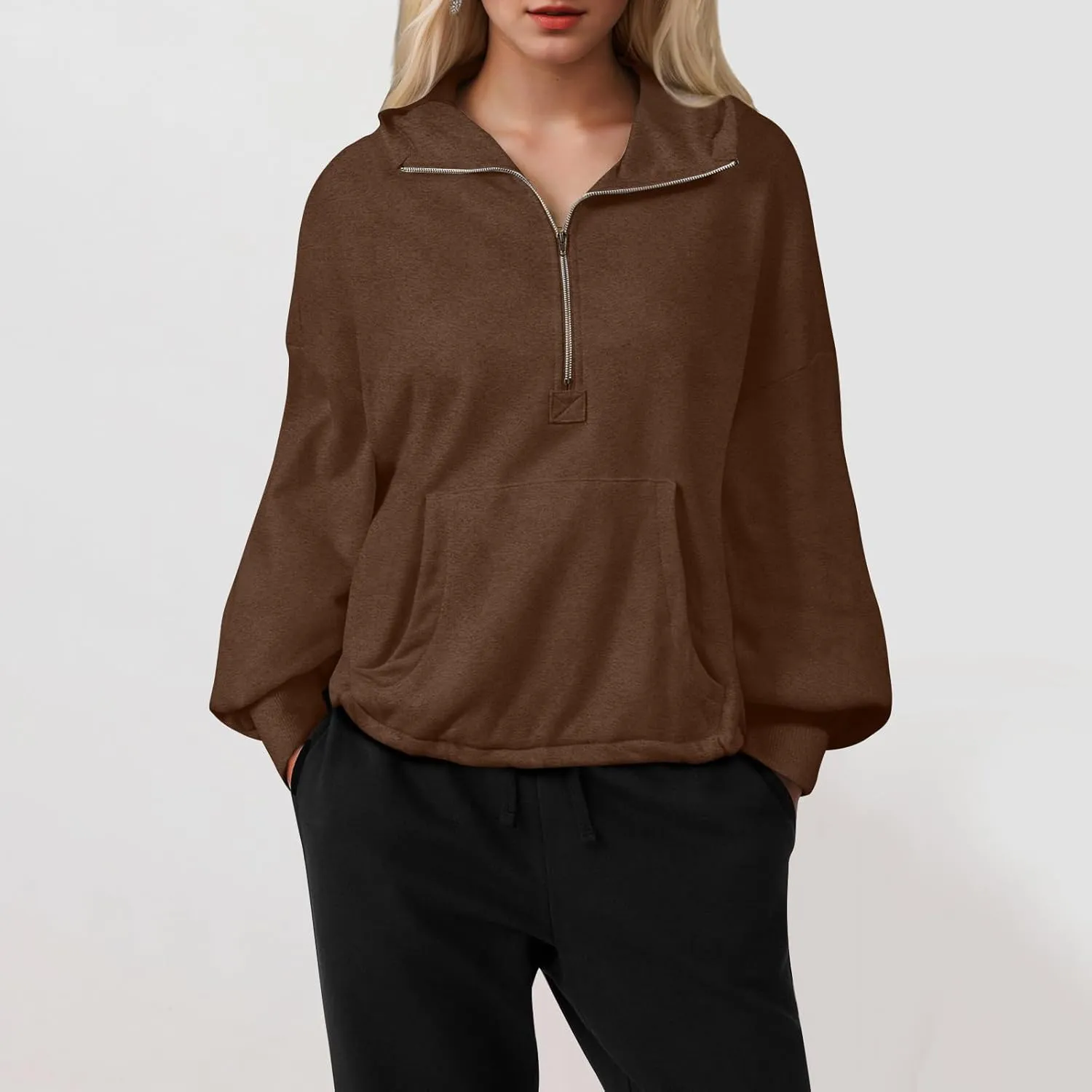Half Zip Pullover Women Oversized Drawstring Hem Drop Shoulder Cropped Sweatshirt Loose Low Cut Long Sleeve Shirt