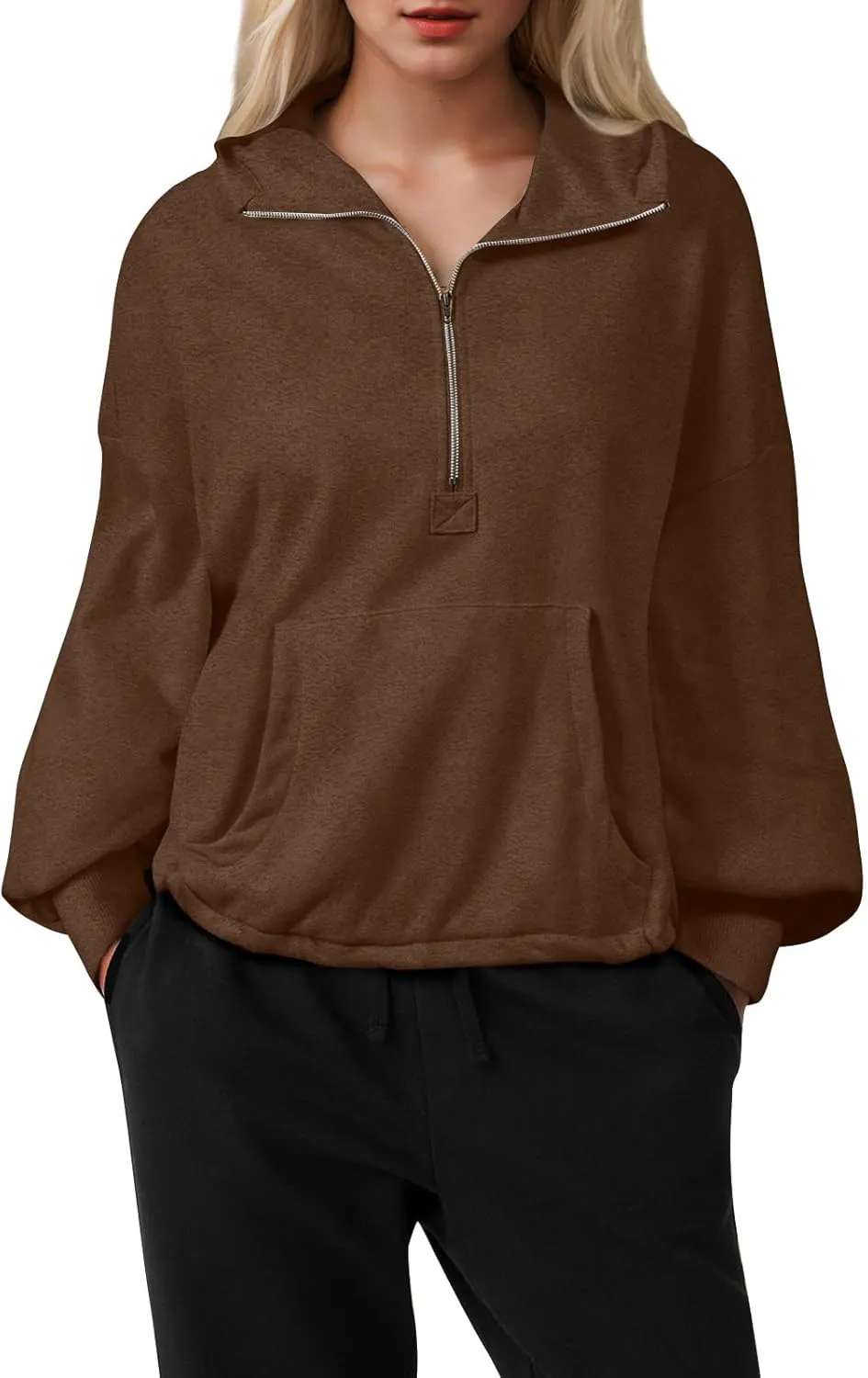 Half Zip Pullover Women Oversized Drawstring Hem Drop Shoulder Cropped Sweatshirt Loose Low Cut Long Sleeve Shirt