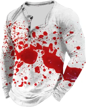 Halloween Bloodstain Printed Shirt for Men Horror Novelty Funny Party Costume Muscle Long Sleeve Button Henley Shirt