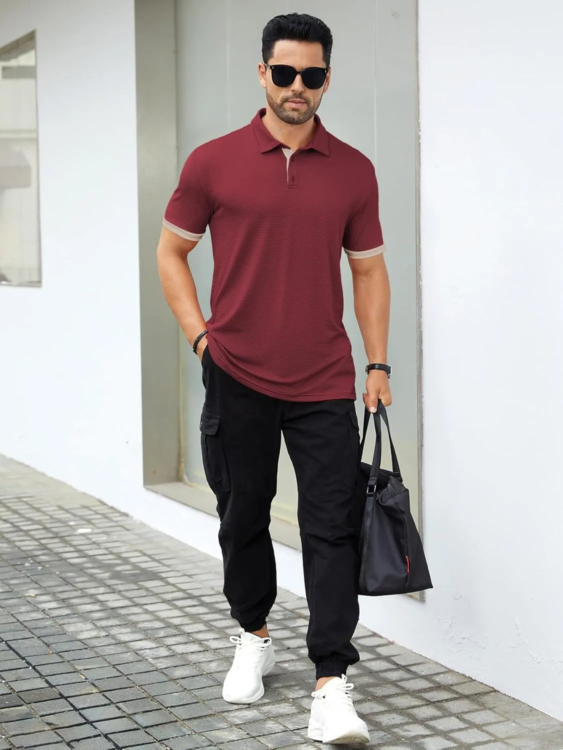 Hardaddy Men's Color Block Short Sleeve Polo Shirts Dry Fit Wrinkle Free Casual Lightweight Collared T-Shirts