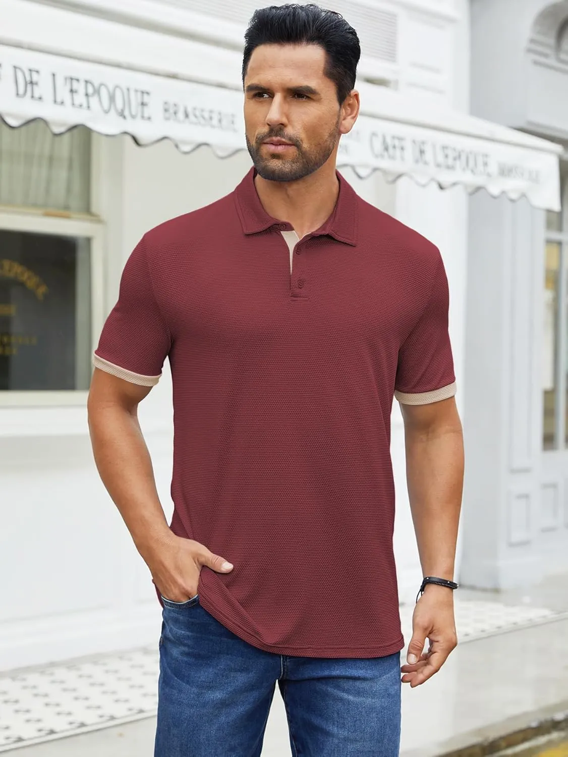 Hardaddy Men's Color Block Short Sleeve Polo Shirts Dry Fit Wrinkle Free Casual Lightweight Collared T-Shirts