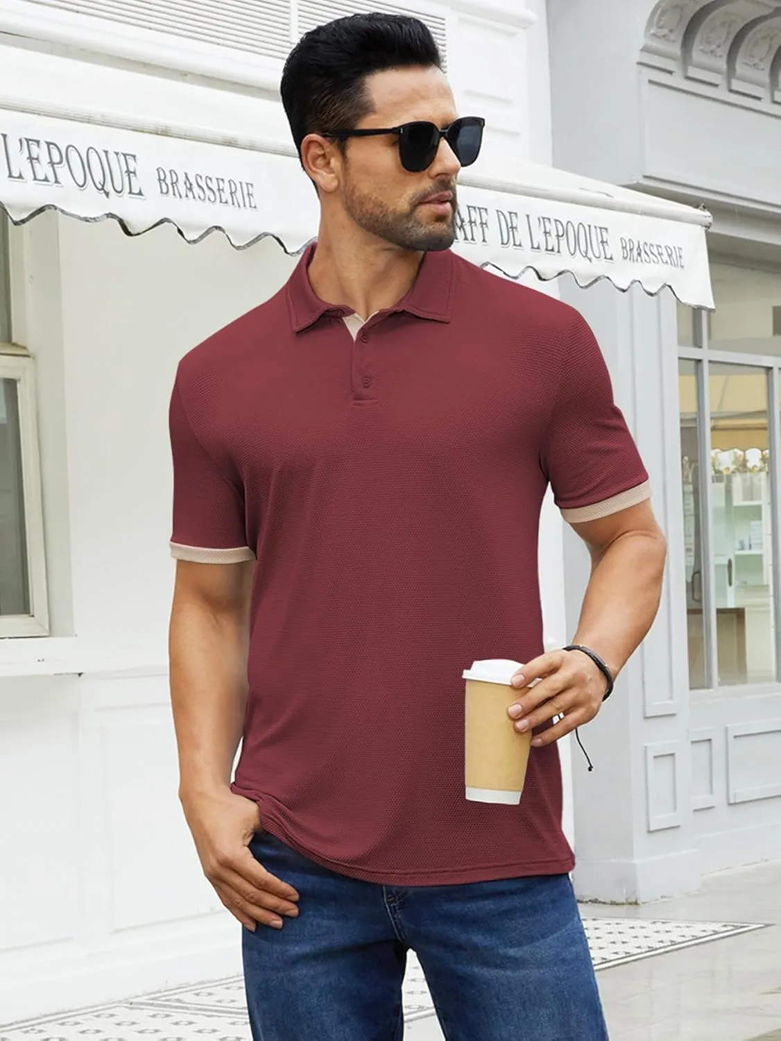 Hardaddy Men's Color Block Short Sleeve Polo Shirts Dry Fit Wrinkle Free Casual Lightweight Collared T-Shirts