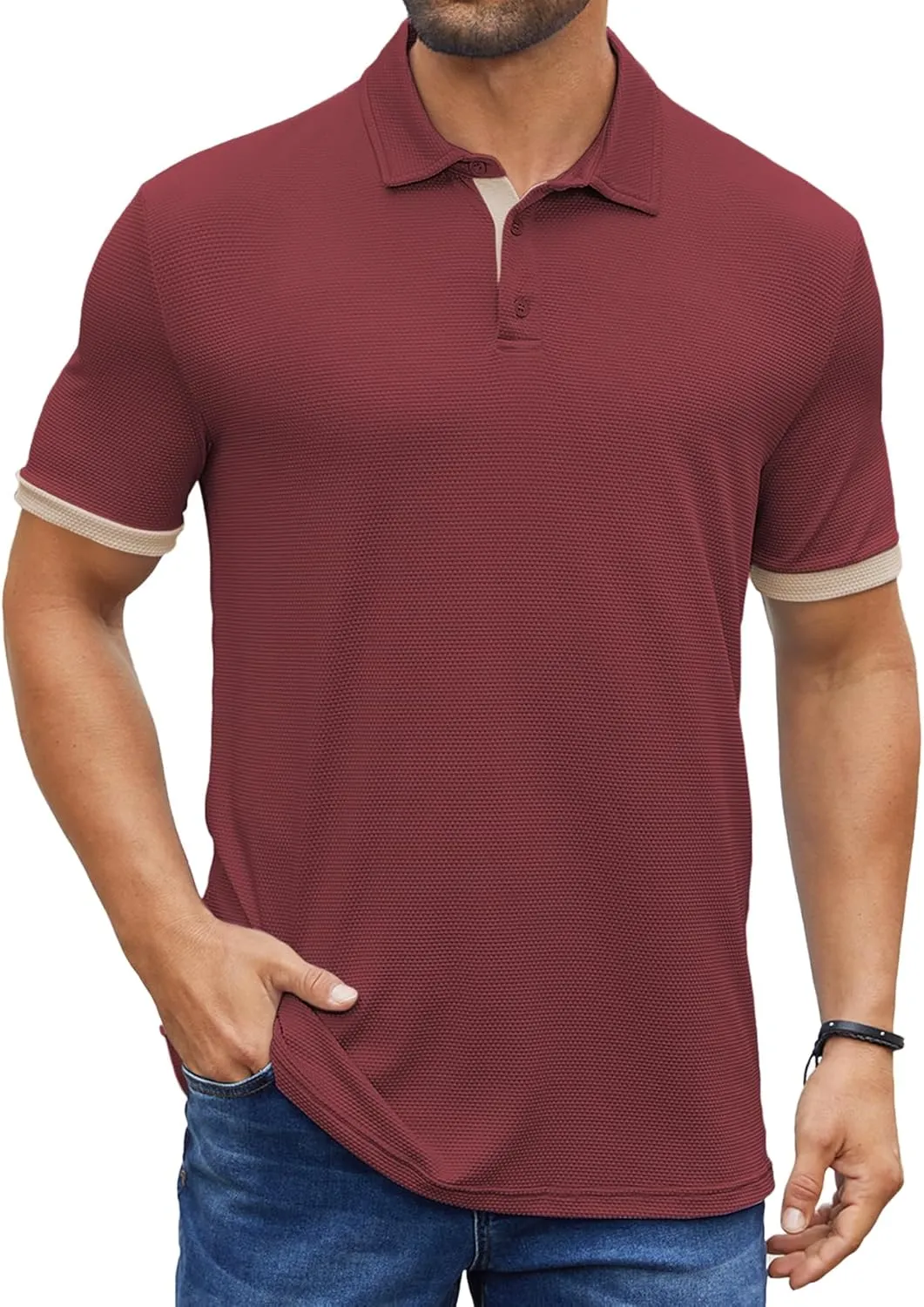 Hardaddy Men's Color Block Short Sleeve Polo Shirts Dry Fit Wrinkle Free Casual Lightweight Collared T-Shirts