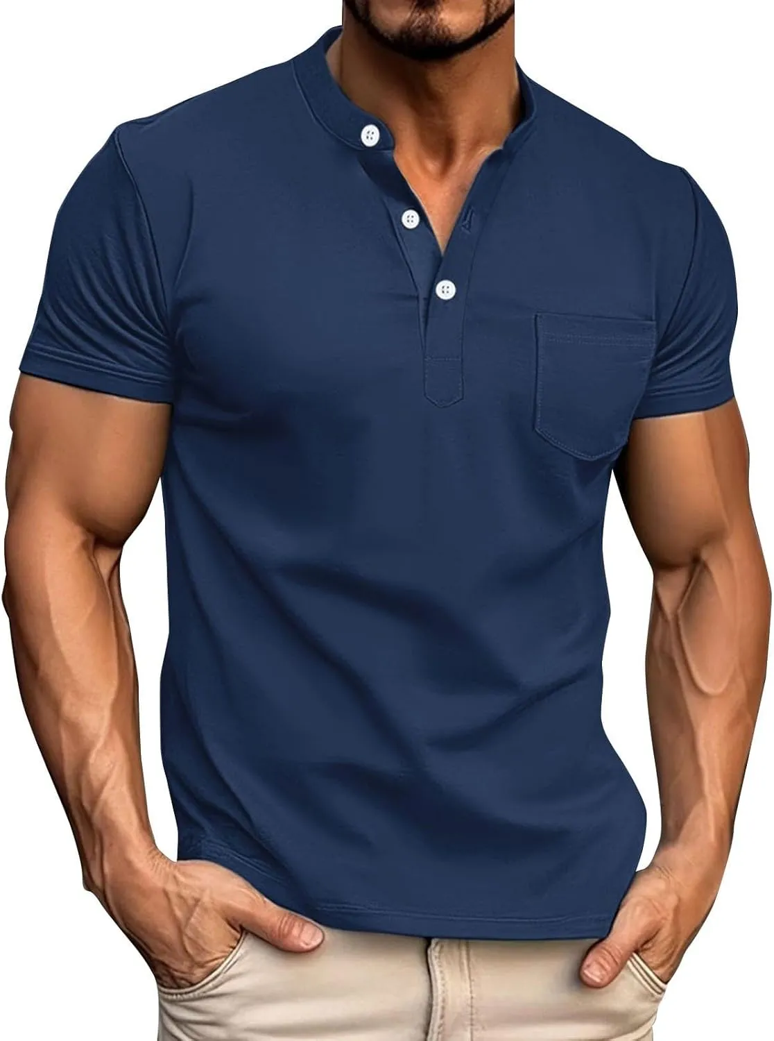 Henley Shirts for Men Short Sleeve Casual Slim Fit Button Up Tees Comfy Basic Cotton T-Shirts Summer Lightweight Tops