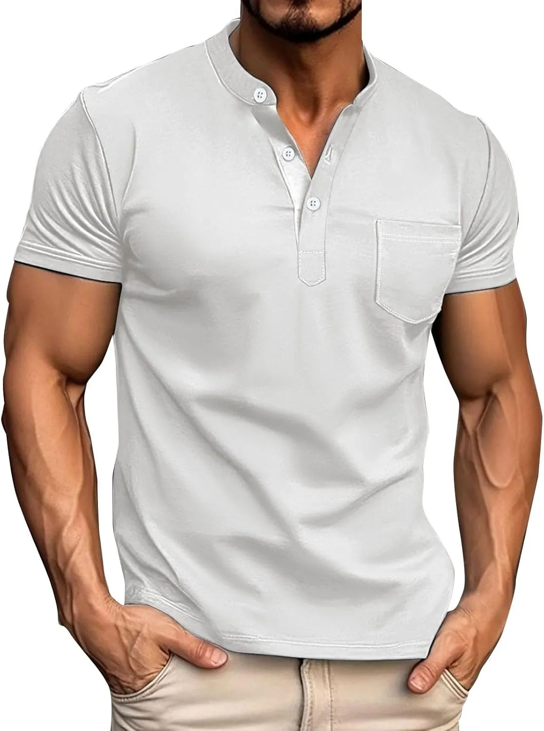 Henley Shirts for Men Short Sleeve Casual Slim Fit Button Up Tees Comfy Basic Cotton T-Shirts Summer Lightweight Tops