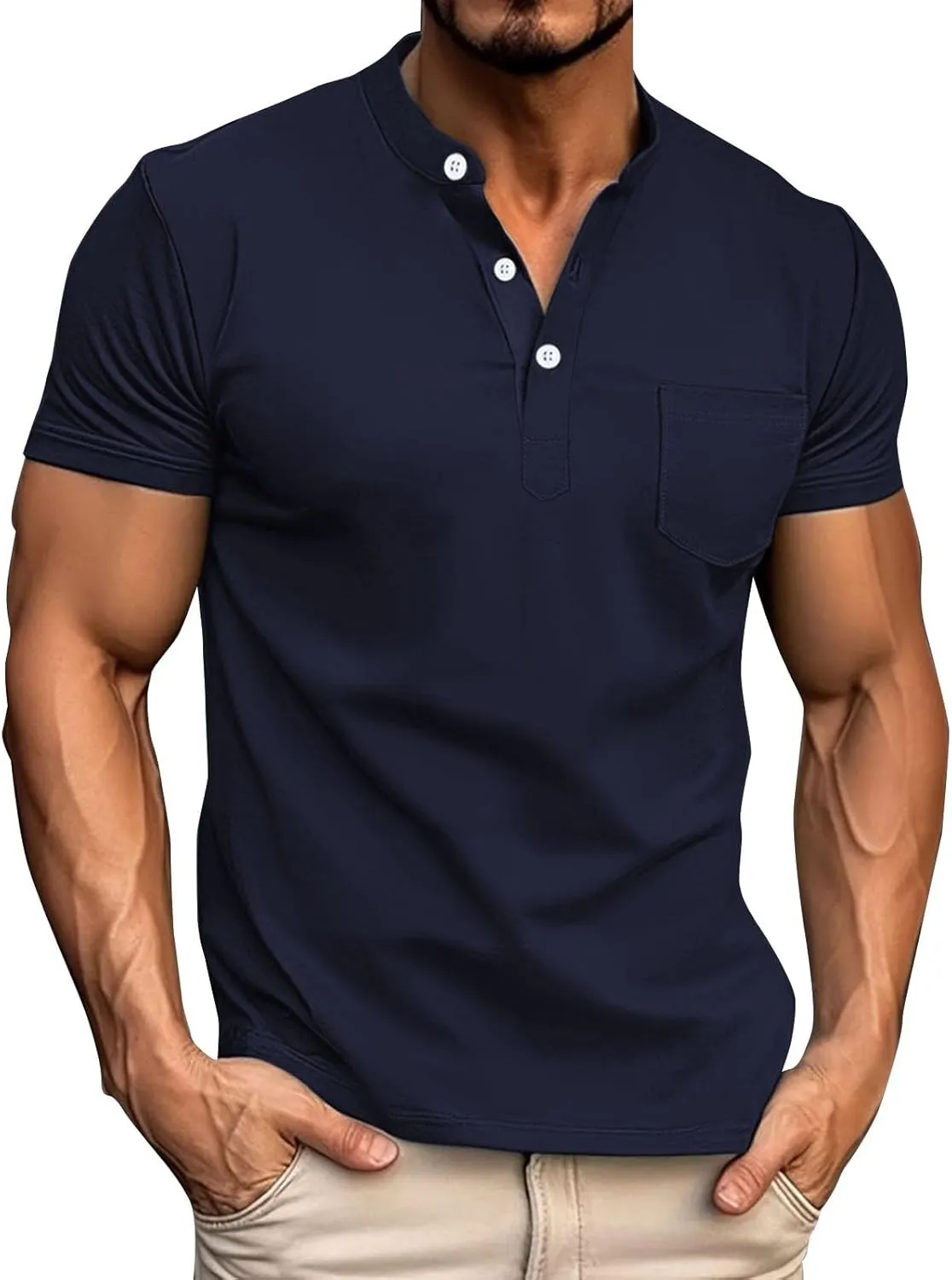 Henley Shirts for Men Short Sleeve Casual Slim Fit Button Up Tees Comfy Basic Cotton T-Shirts Summer Lightweight Tops