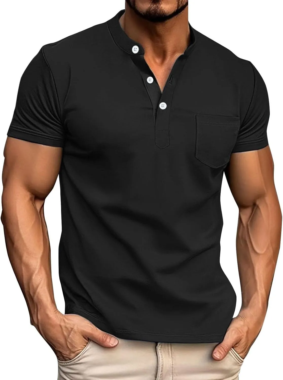Henley Shirts for Men Short Sleeve Casual Slim Fit Button Up Tees Comfy Basic Cotton T-Shirts Summer Lightweight Tops