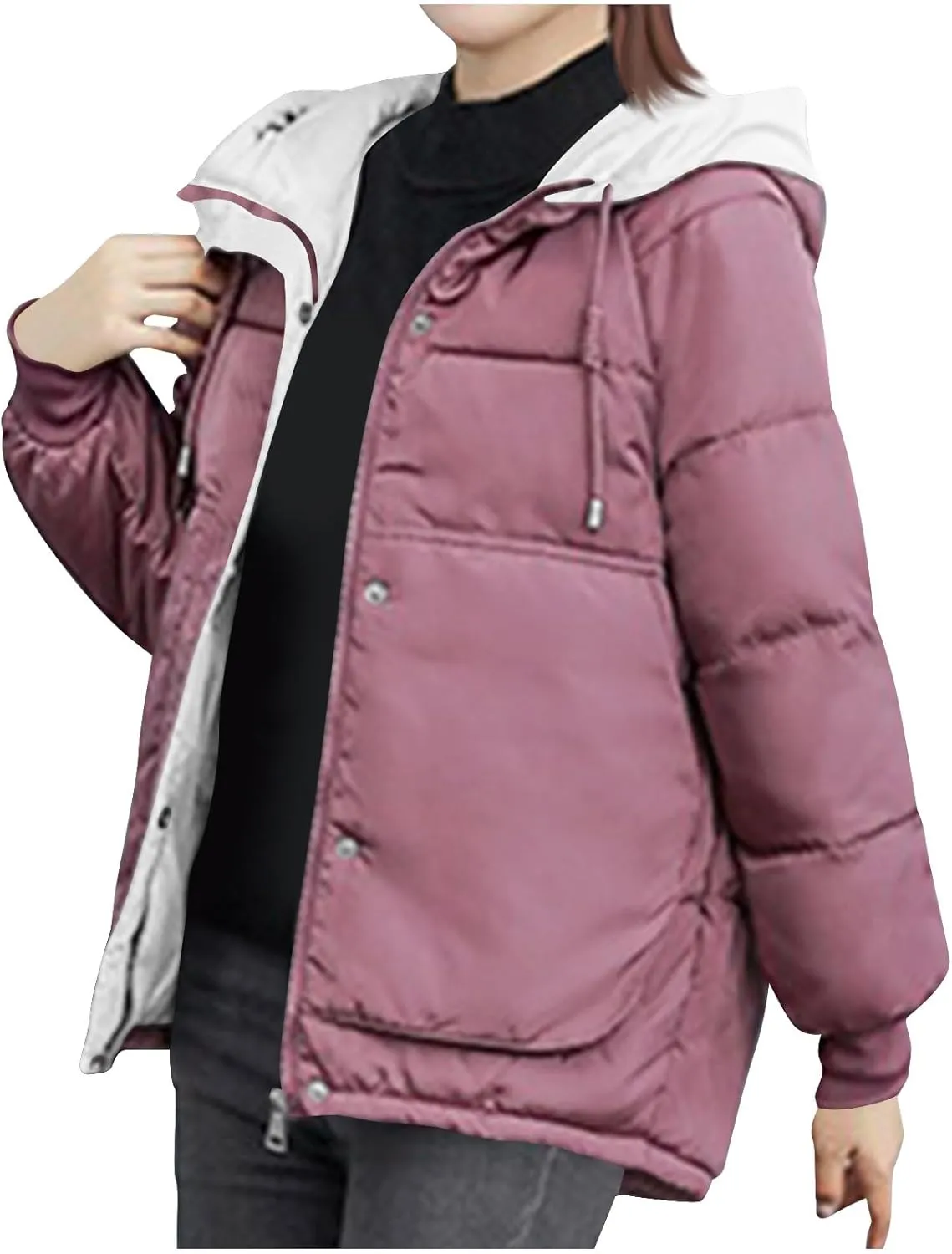 HGps8w Women's Winter Quilted Coats Colorblock Warm Hooded Puffer Jackets Long Sleeve Padded Down Lightweight Outerwear