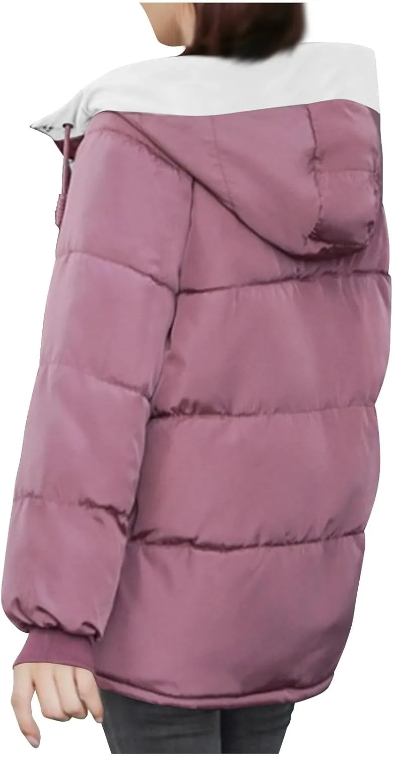 HGps8w Women's Winter Quilted Coats Colorblock Warm Hooded Puffer Jackets Long Sleeve Padded Down Lightweight Outerwear