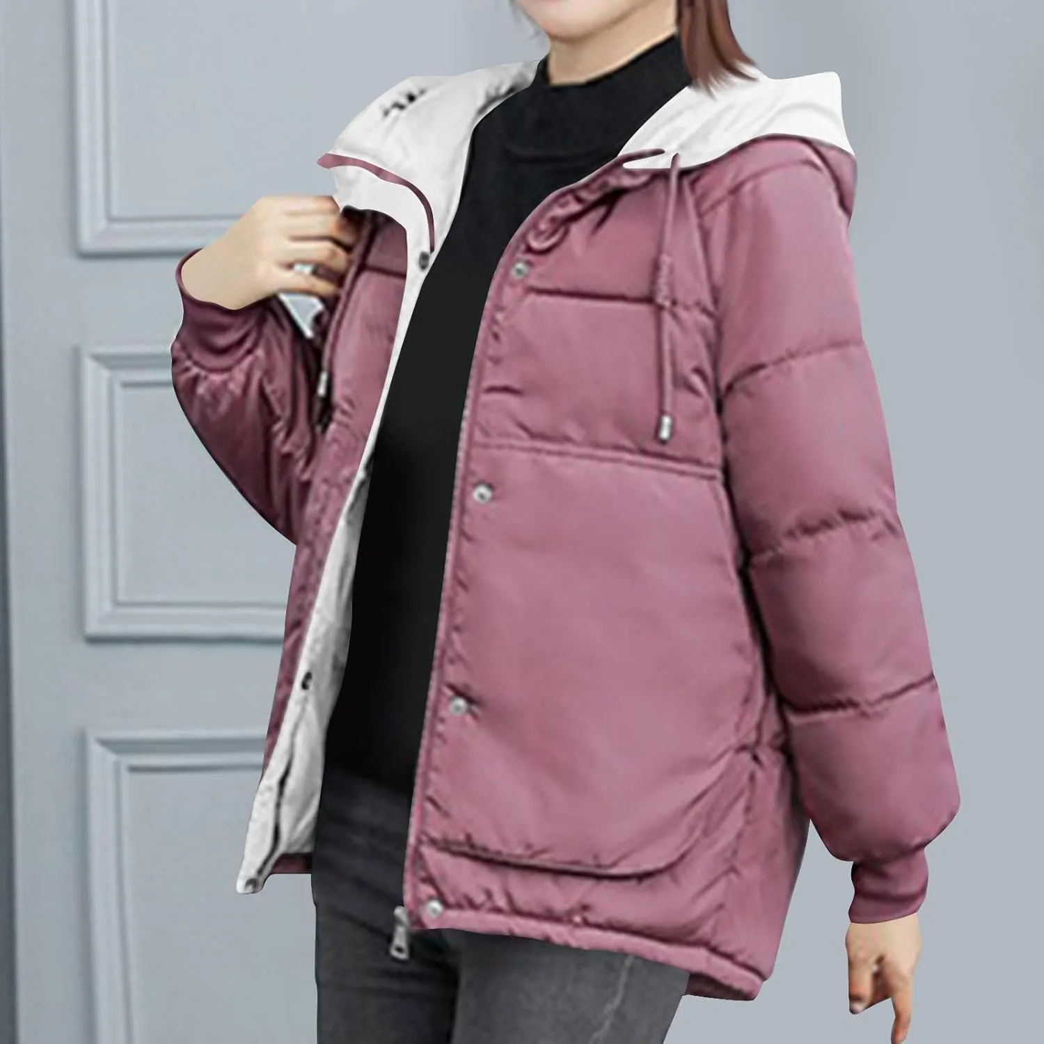 HGps8w Women's Winter Quilted Coats Colorblock Warm Hooded Puffer Jackets Long Sleeve Padded Down Lightweight Outerwear